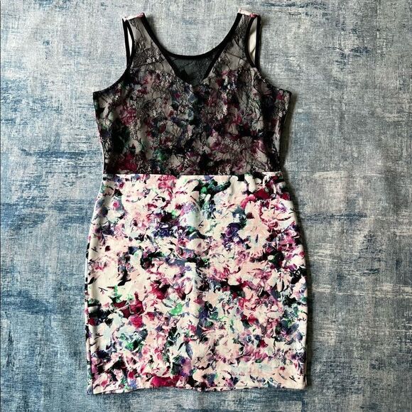 Metaphor Sleeveless Watercolor Abstract Floral Bodycon Dress w Lace Overlay XL - Picture 1 of 10